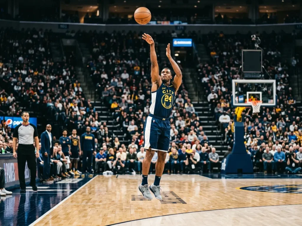 NBA shooter releasing a three-pointer with prop betting statistics overlay