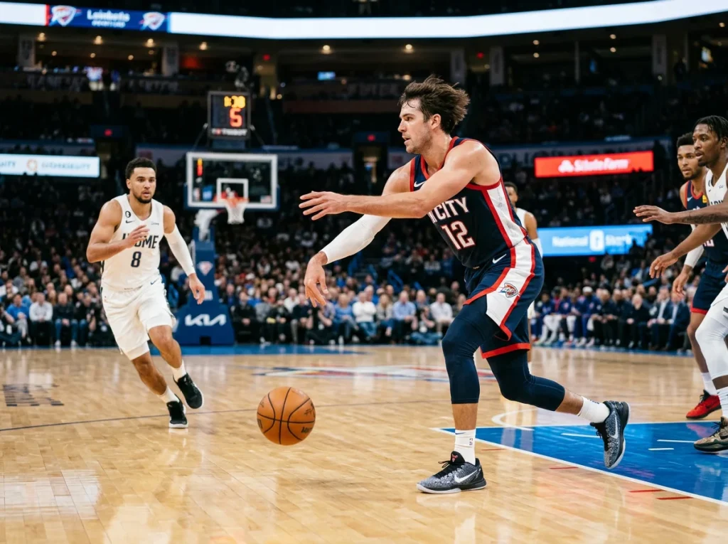 NBA point guard executing a pass with assist statistics displayed for prop betting analysis
