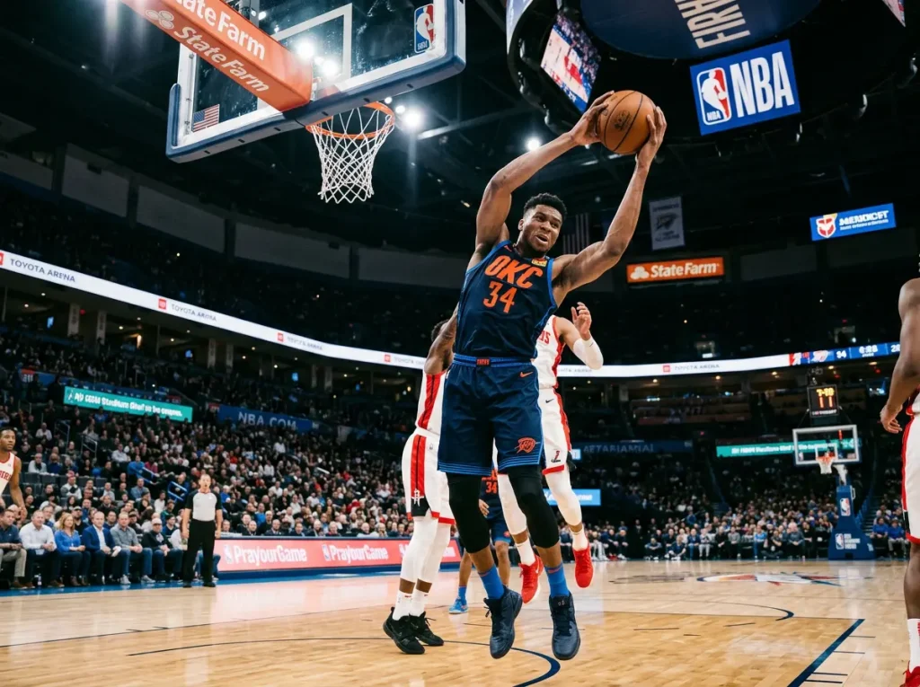 NBA big man achieving double-double statistics with milestone betting overlay