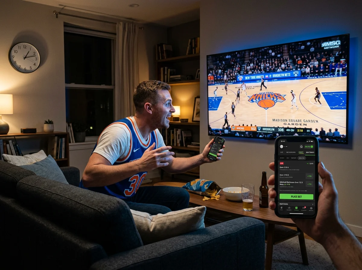 NBA basketball game with live in-play betting interface overlay