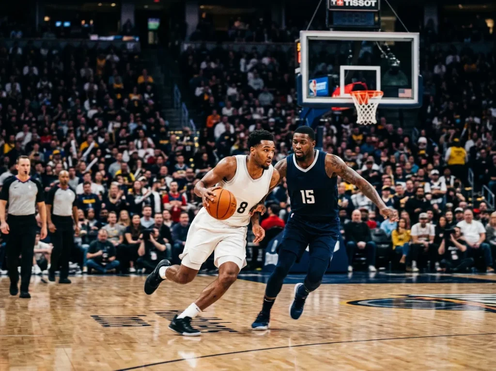 Live NBA basketball game with real-time betting odds displayed courtside