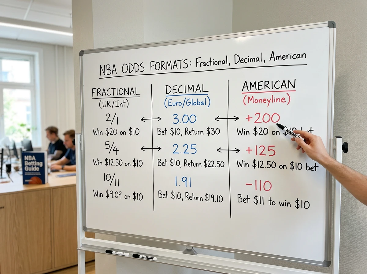 NBA betting odds format conversion showing fractional decimal and American odds