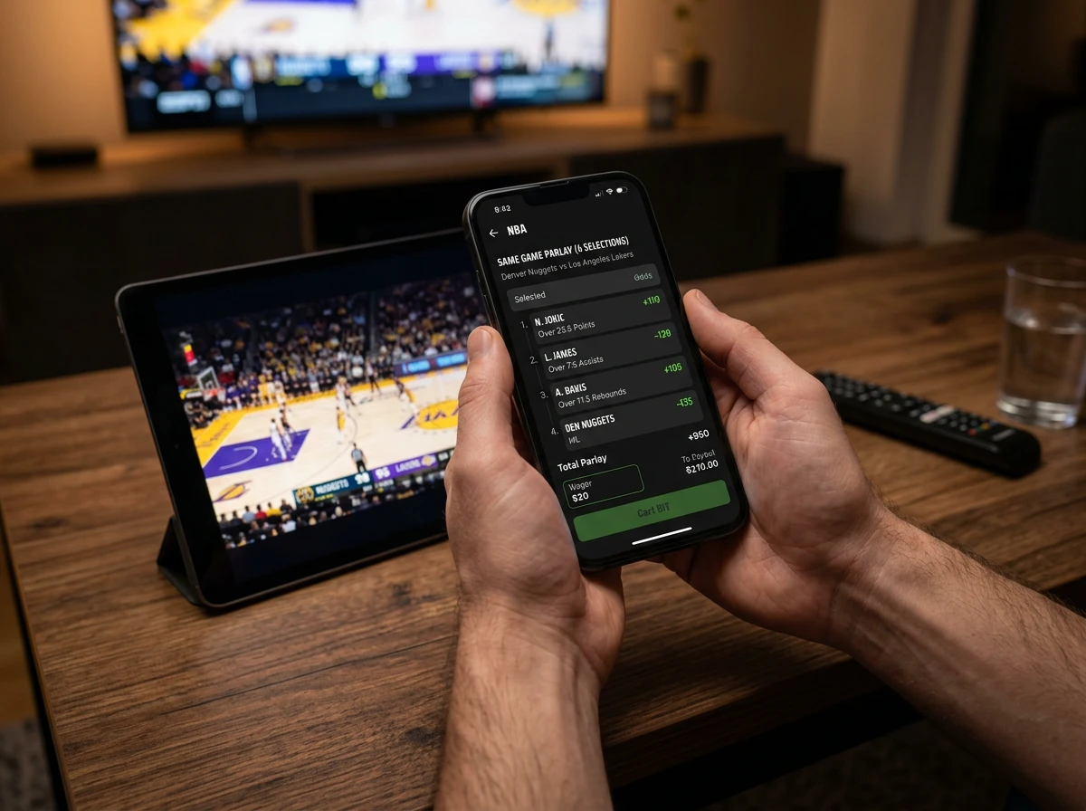 NBA same game parlay bet builder showing correlated player props