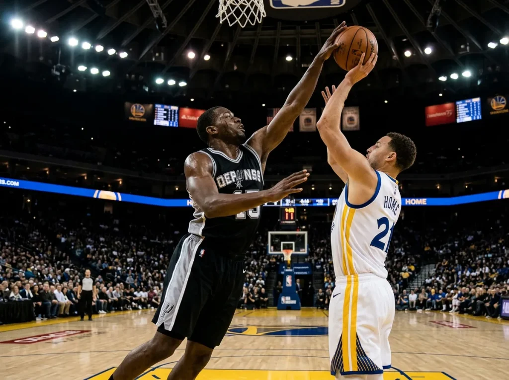 NBA defender making a block with defensive statistics overlay for prop betting