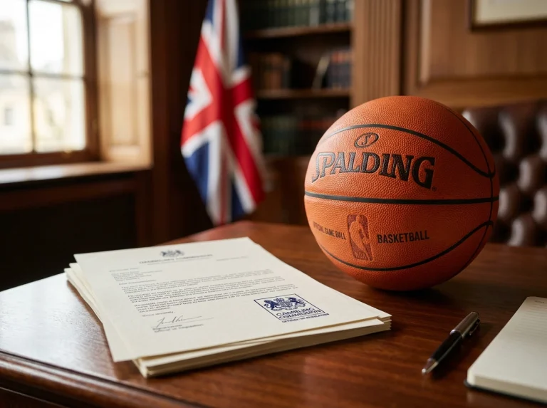 UK Gambling Commission badge with basketball representing regulated NBA betting